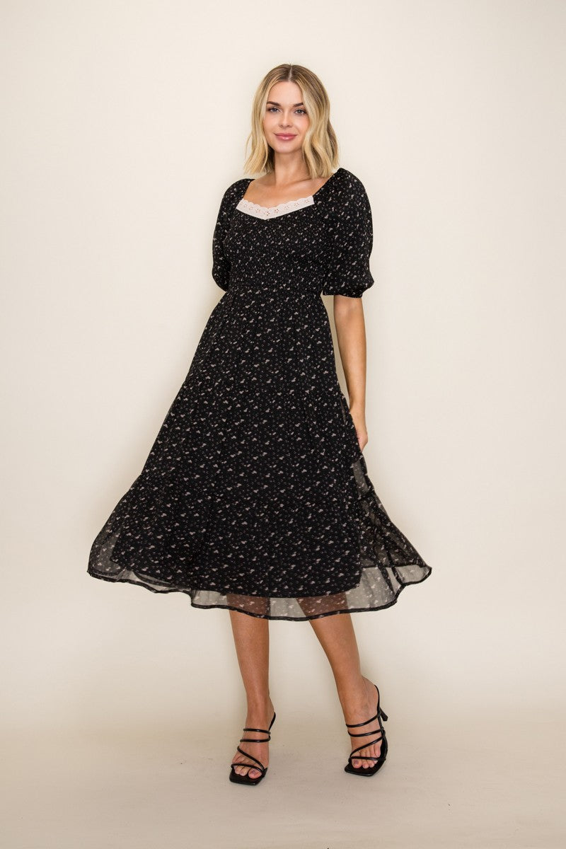puff sleeve lace trim midi dress Black Floral – PinkBlush Color:Mocha(Wheat) Marlowe Satin + Velvet whether you are on Off-Shoulders