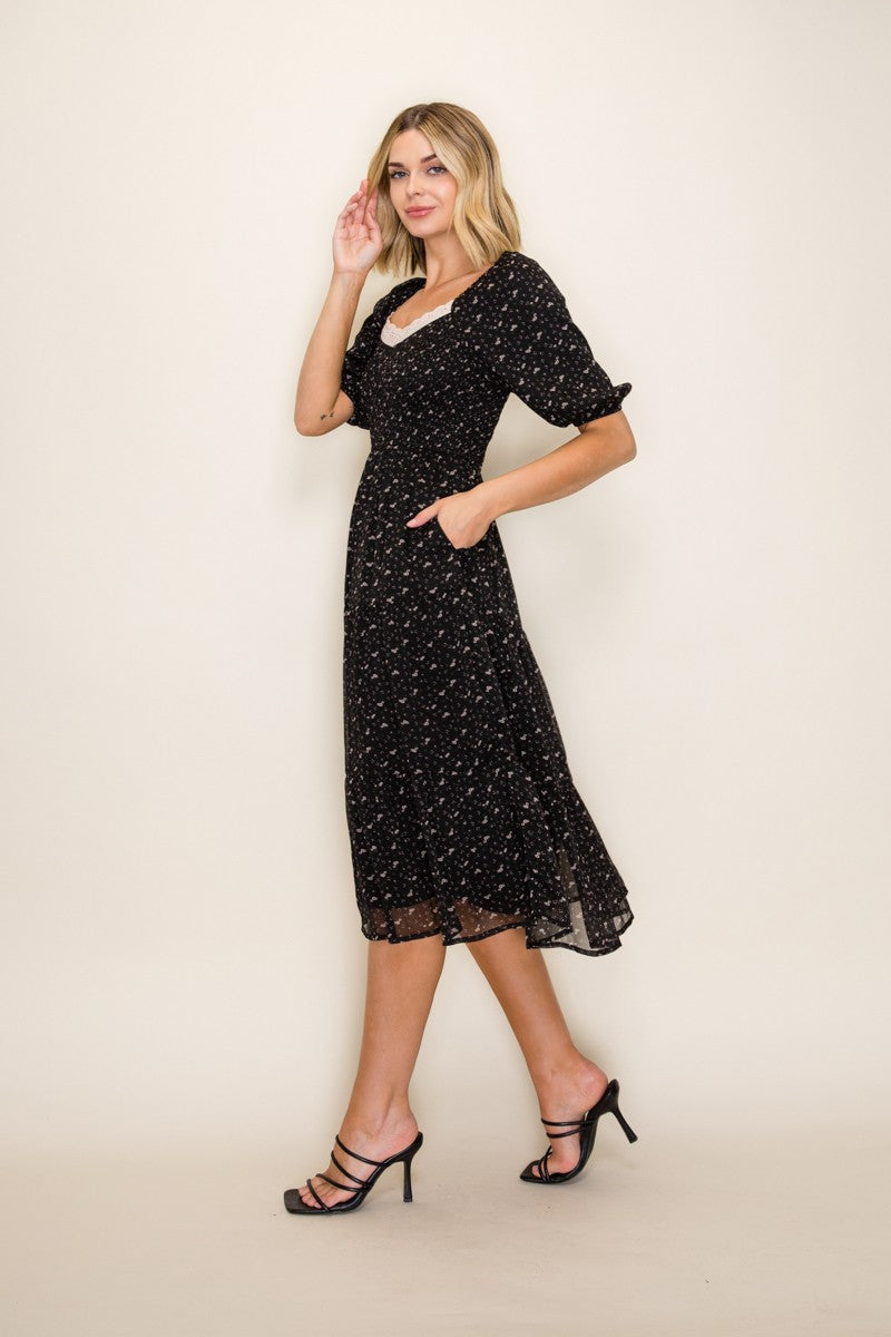Black Floral Lace Trim Midi Dress