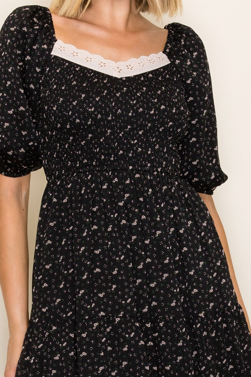 Black Floral Lace Trim Midi Dress
