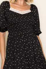 Black Floral Lace Trim Midi Dress