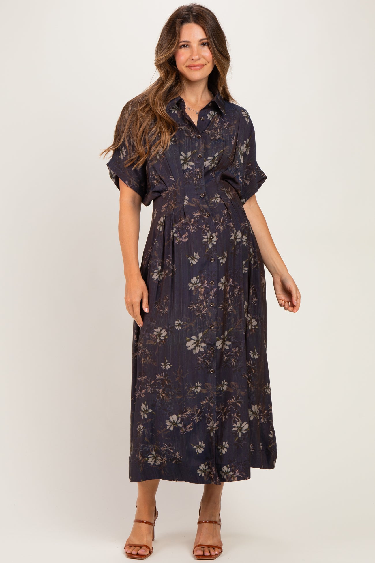 Navy Floral Smocked Waist Maternity Shirt Dress