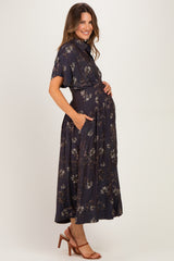Navy Floral Smocked Waist Maternity Shirt Dress