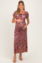 Vintage Rust Ruched Floral Mesh Maternity Midi Dress
