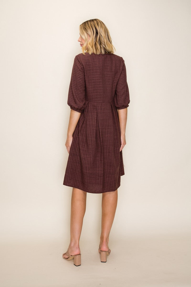 Brown Printed Textured Pleated Midi Dress