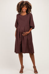 Brown Printed Textured Pleated Maternity Midi Dress