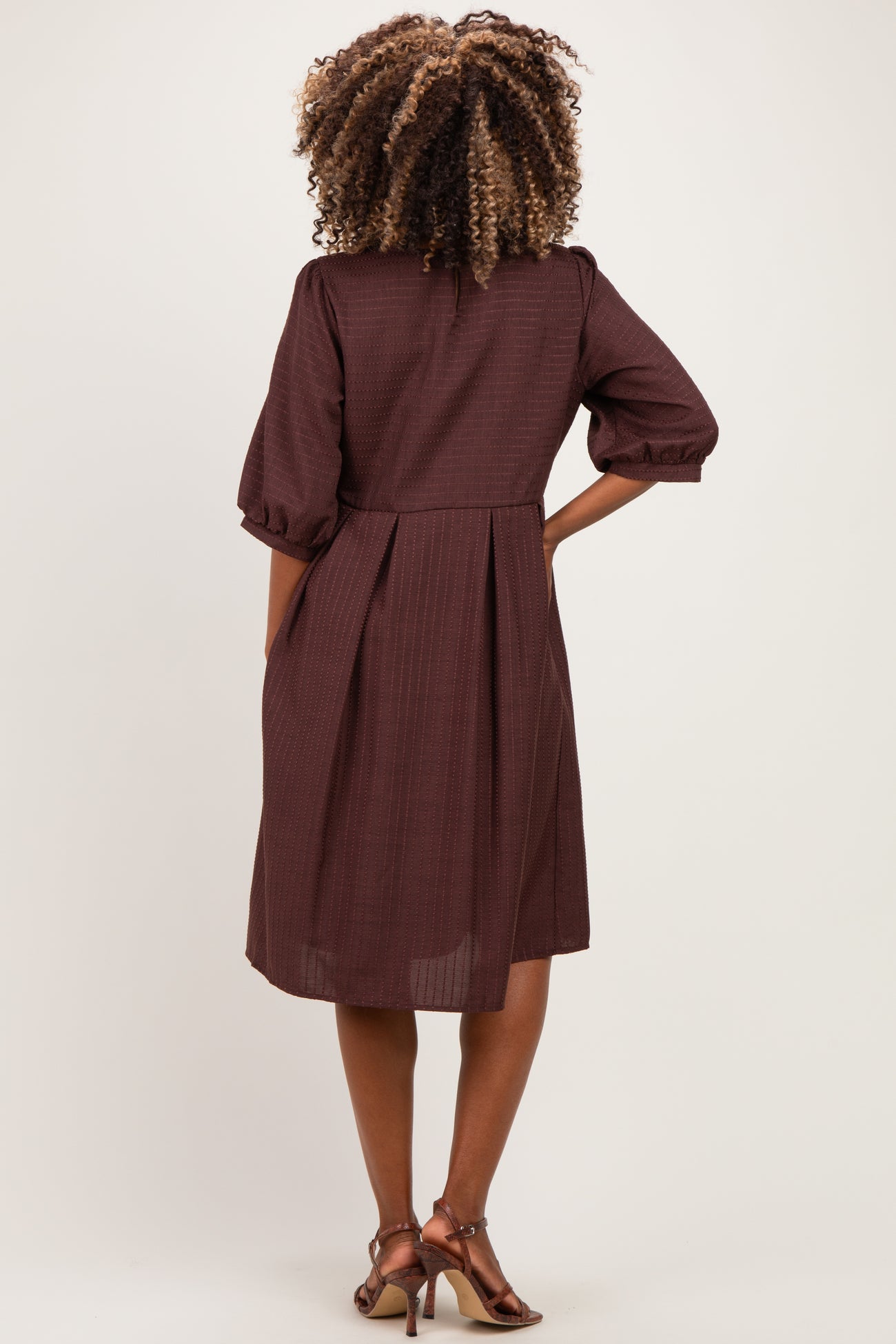 Brown Printed Textured Pleated Maternity Midi Dress