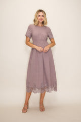 Mauve Lace Scallop Hem Midi Dress