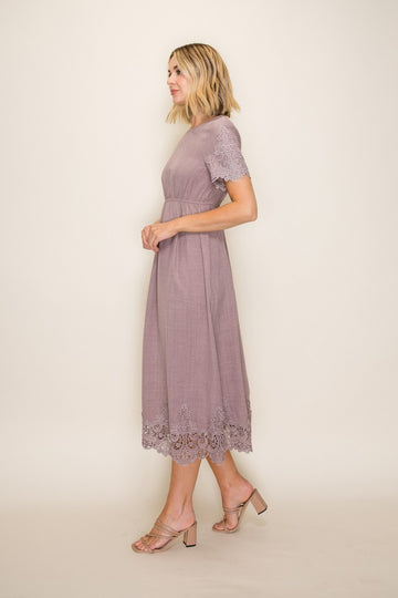 Mauve Lace Scallop Hem Midi Dress