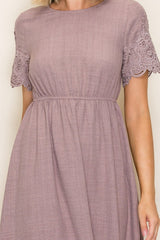 Mauve Lace Scallop Hem Midi Dress