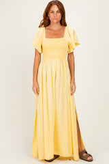 Yellow Chambray Smocked Maternity Maxi Dress