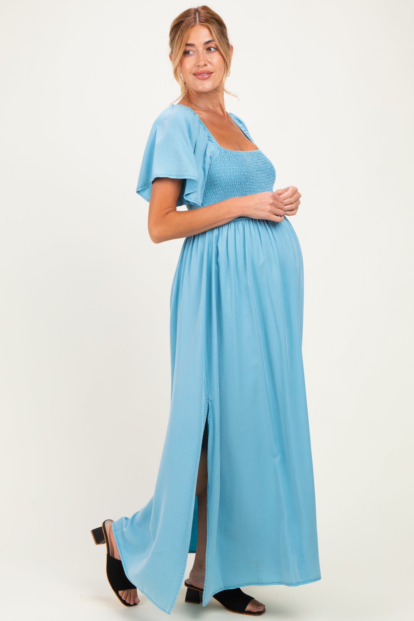 Milky Blue Chambray Smocked Maternity Maxi Dress – PinkBlush