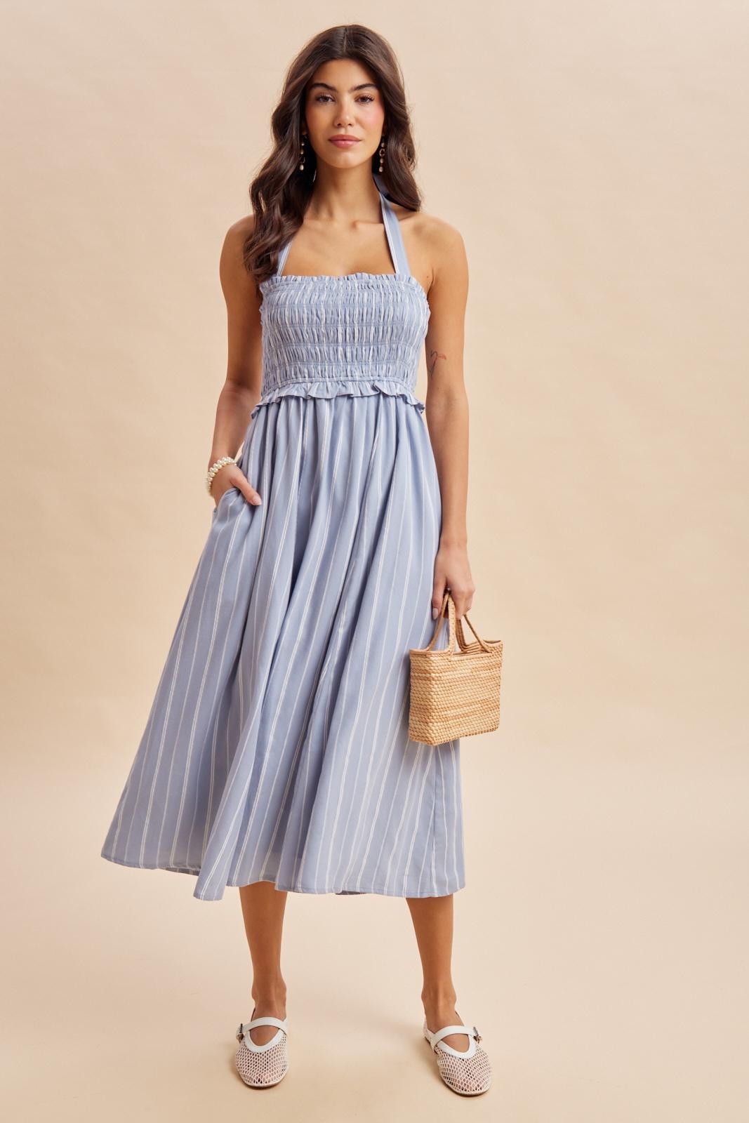 Blue Striped Smocked Halter Midi Dress