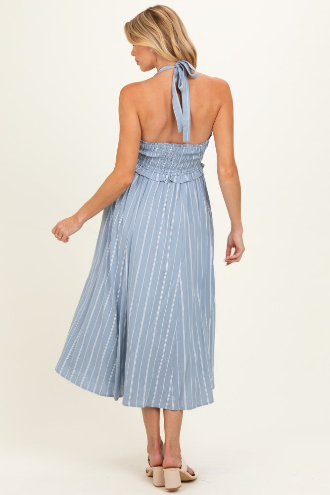 Blue Striped Smocked Halter Maternity Midi Dress