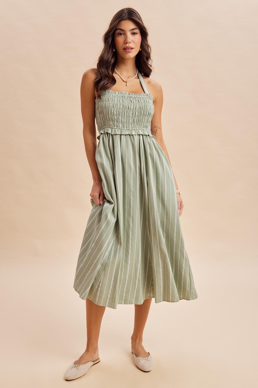 Eucalyptus Striped Smocked Halter Maternity Midi Dress