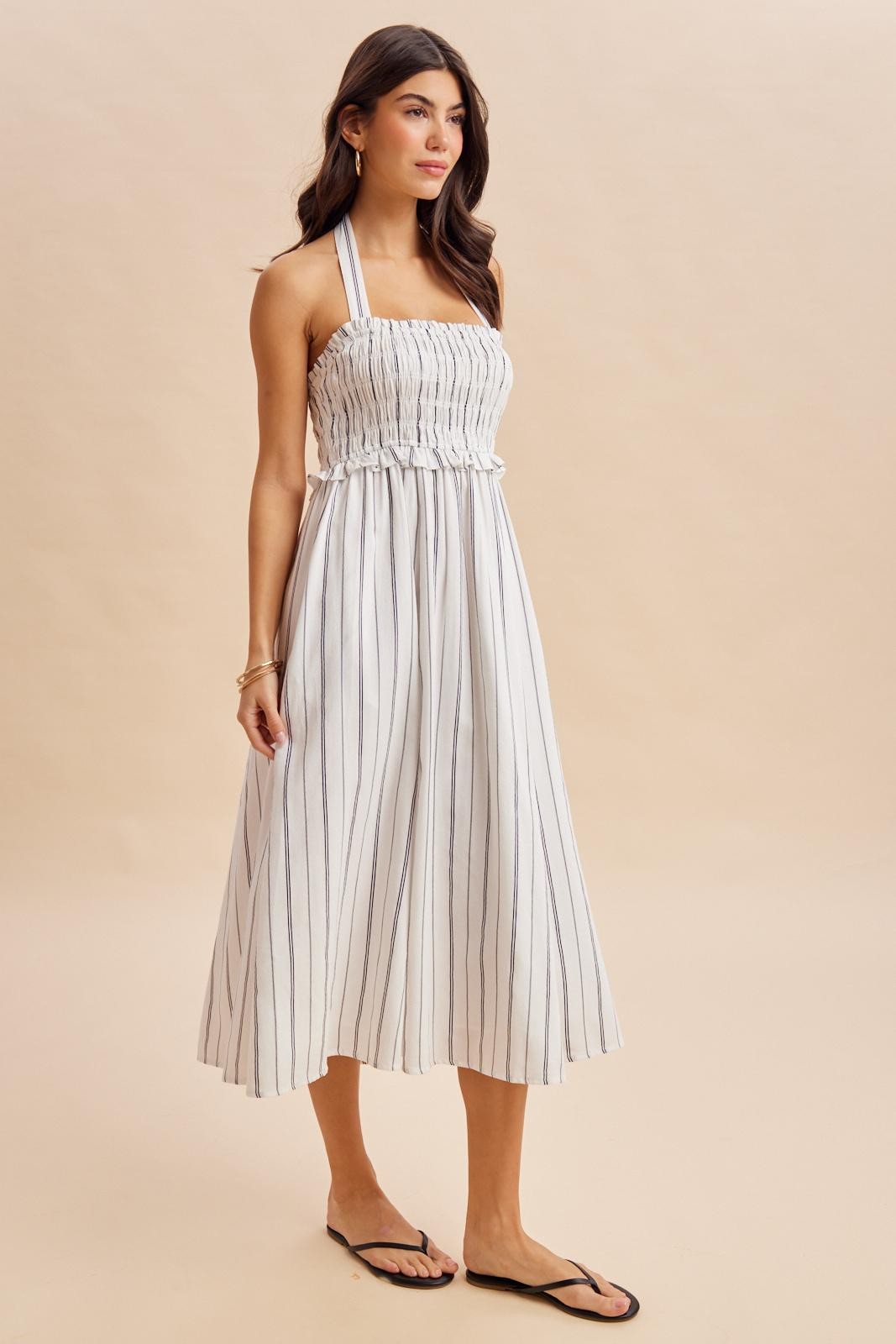Off White Striped Smocked Halter Midi Dress