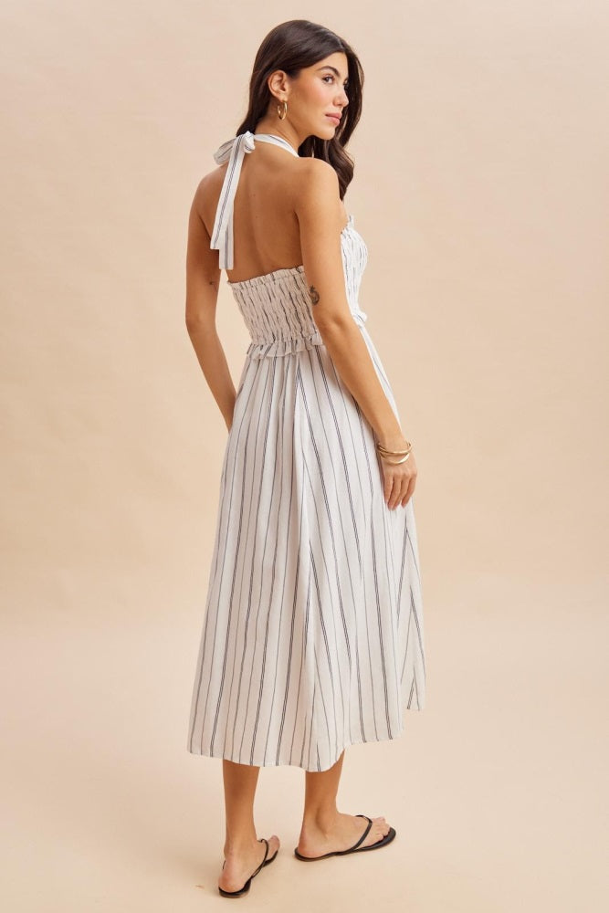 Off White Striped Smocked Halter Midi Dress