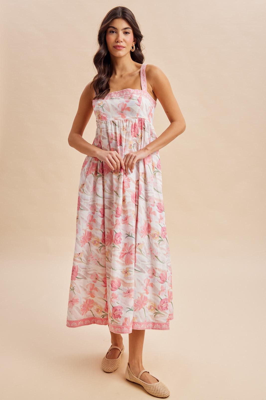 Coral Pink Floral Embroidered Maxi Dress