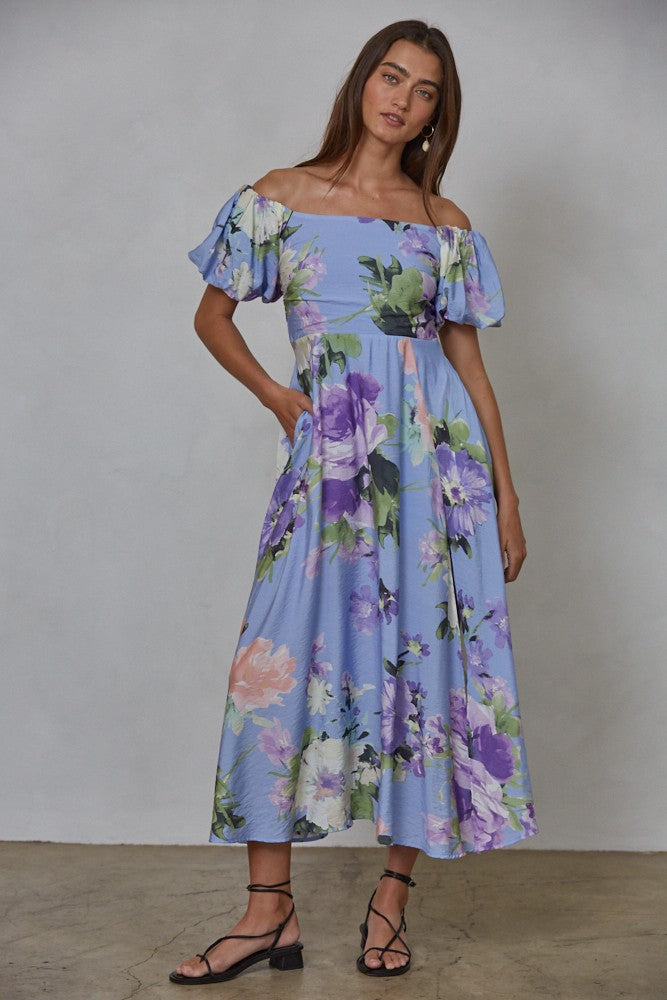 Periwinkle Floral Off Shoulder Balloon Sleeve Midi Dress