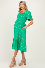 Kelly Green Smocked Embroidered Maternity Midi Dress