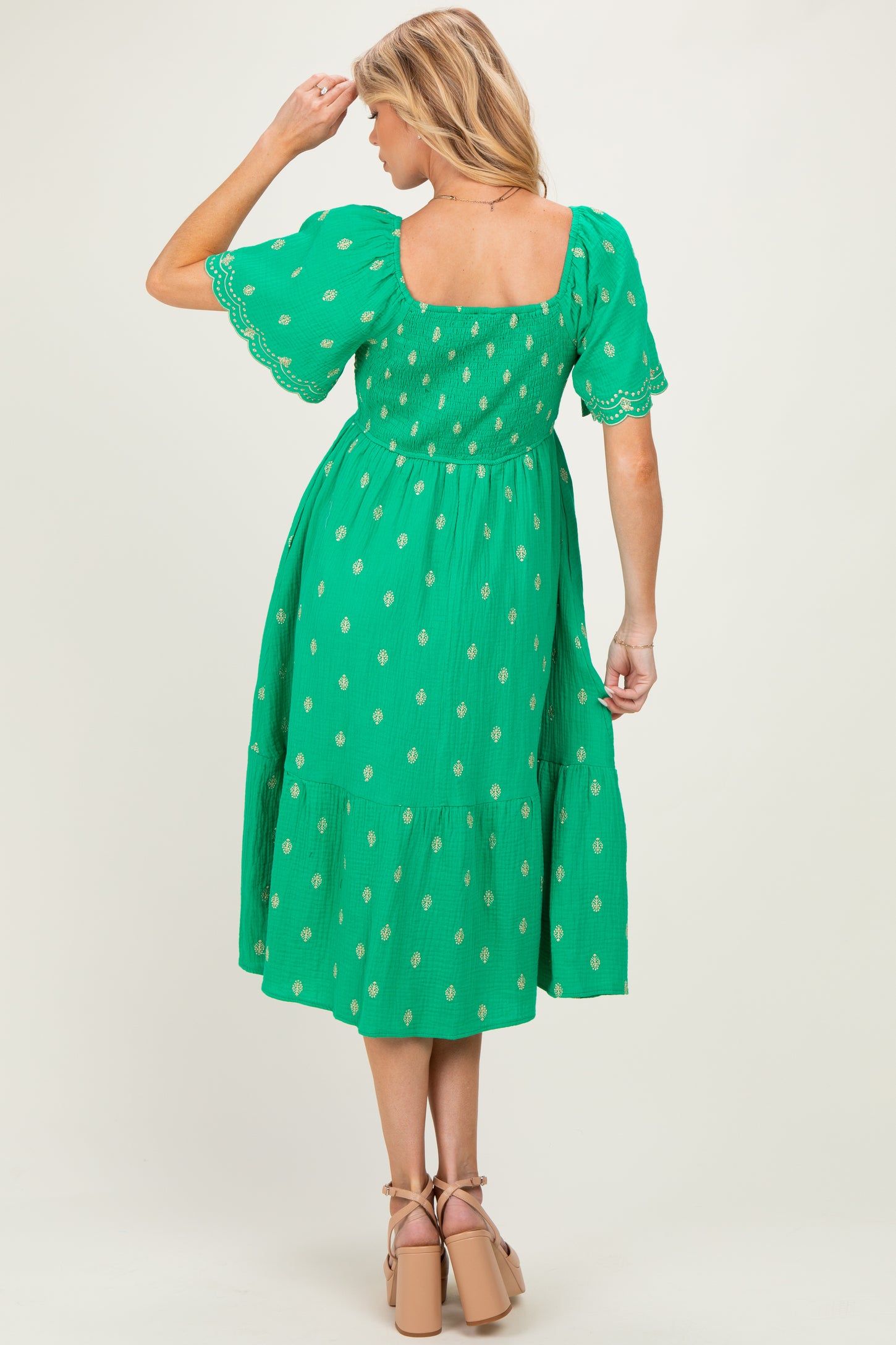 Kelly Green Smocked Embroidered Maternity Midi Dress