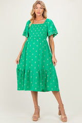 Kelly Green Smocked Embroidered Maternity Midi Dress