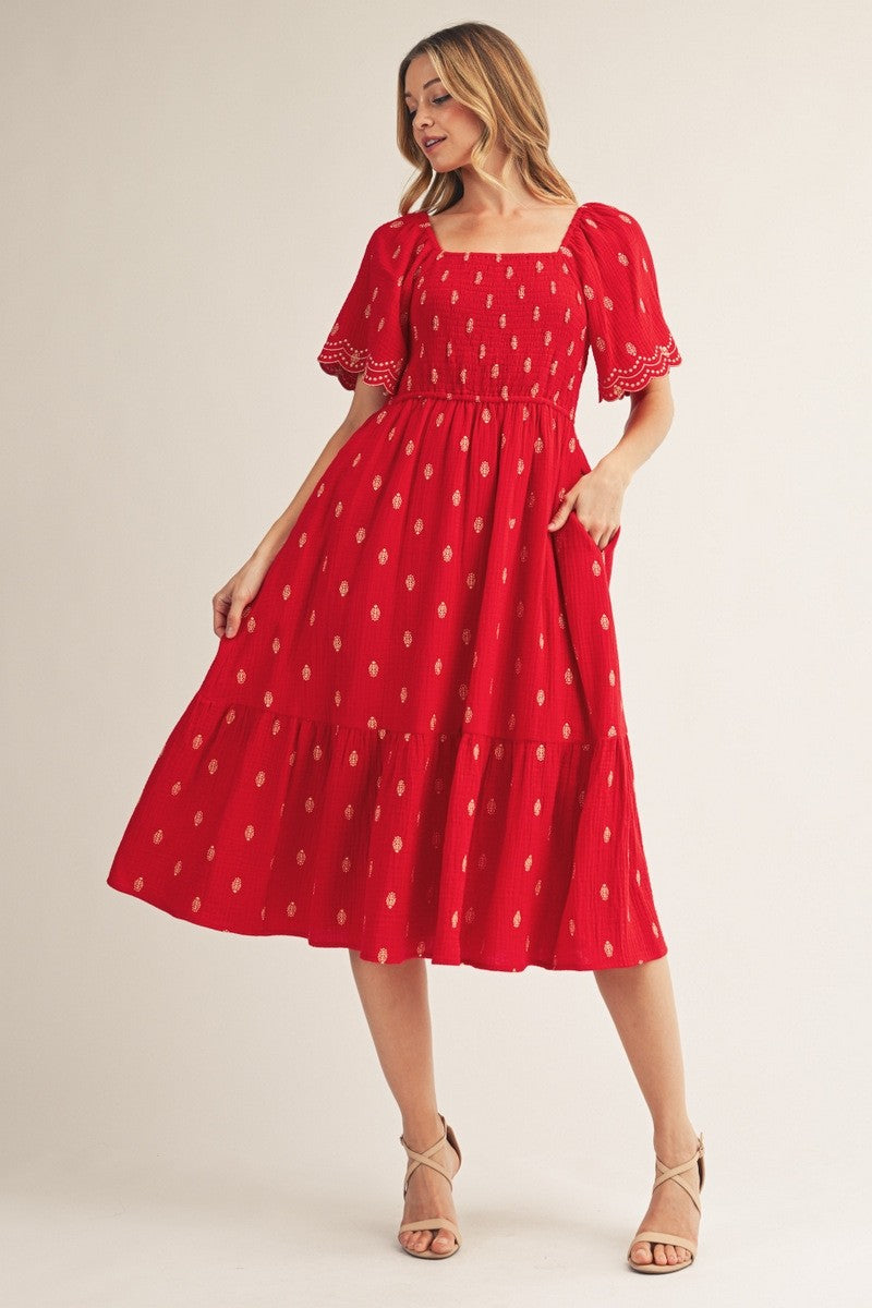 Red Smocked Embroidered Midi Dress