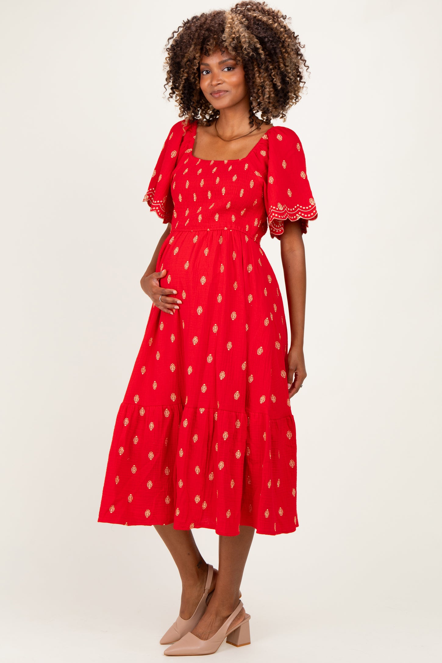 Red Smocked Embroidered Maternity Midi Dress – PinkBlush