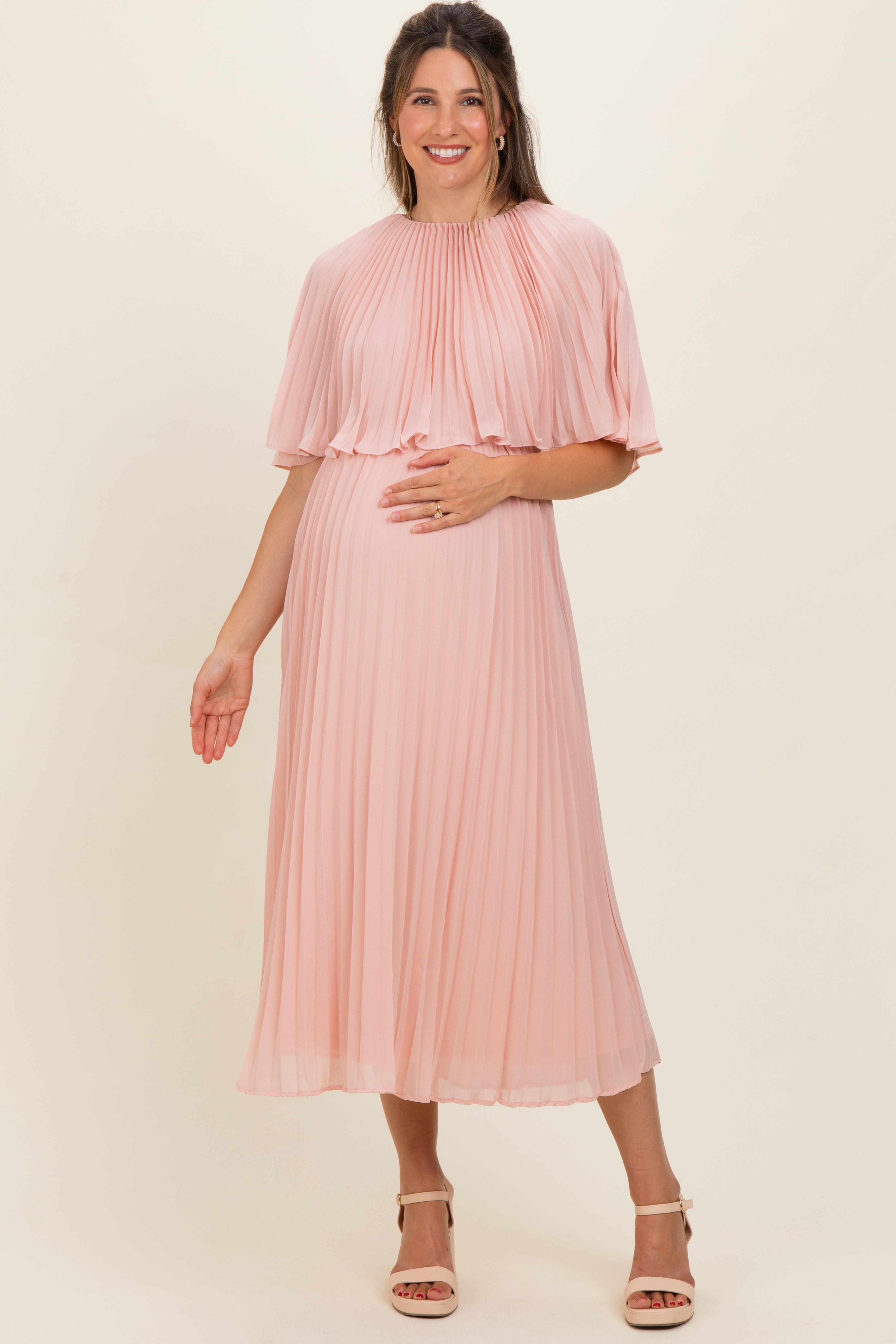 pink maternity dress with cape Blush Pleated Cape Maternity Midi Dress