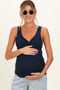 Navy Ribbed Knit Lace Trim Cinch Bust Maternity Tank Top