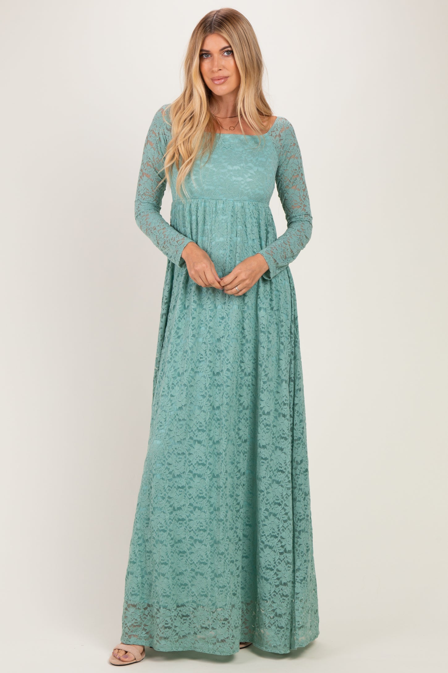Blue Surf Floral Lace Long Sleeve Off Shoulder Maxi Dress