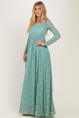 Blue Surf Floral Lace Long Sleeve Off Shoulder Maxi Dress