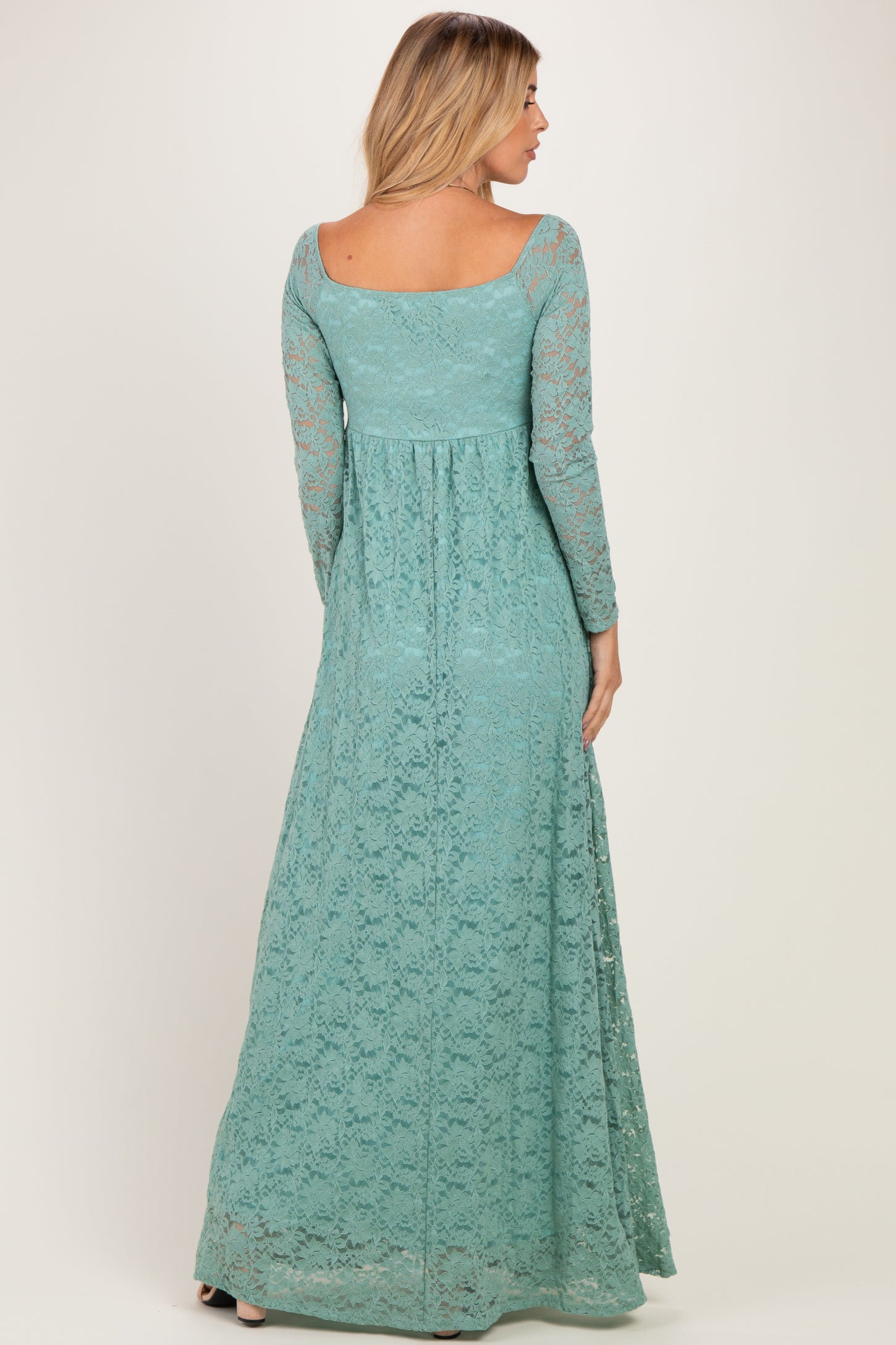 Blue Surf Floral Lace Long Sleeve Off Shoulder Maxi Dress