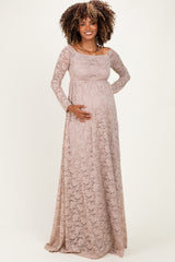 Mocha Floral Lace Long Sleeve Off Shoulder Maternity Maxi Dress