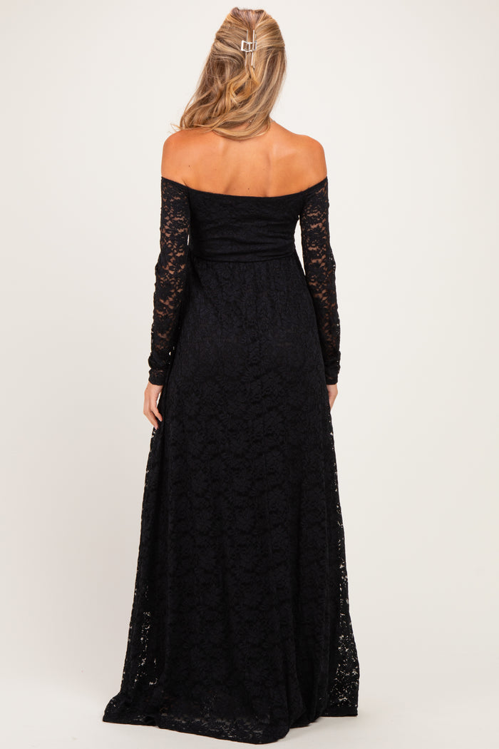 Black Floral Lace Long Sleeve Off Shoulder Maternity Maxi Dress