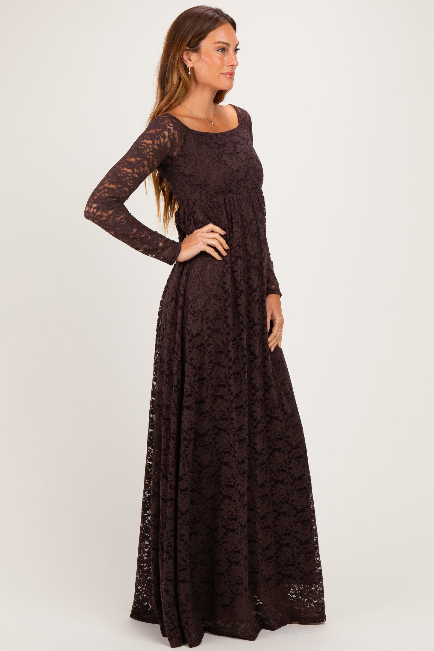 Brown Floral Lace Long Sleeve Off Shoulder Maxi Dress