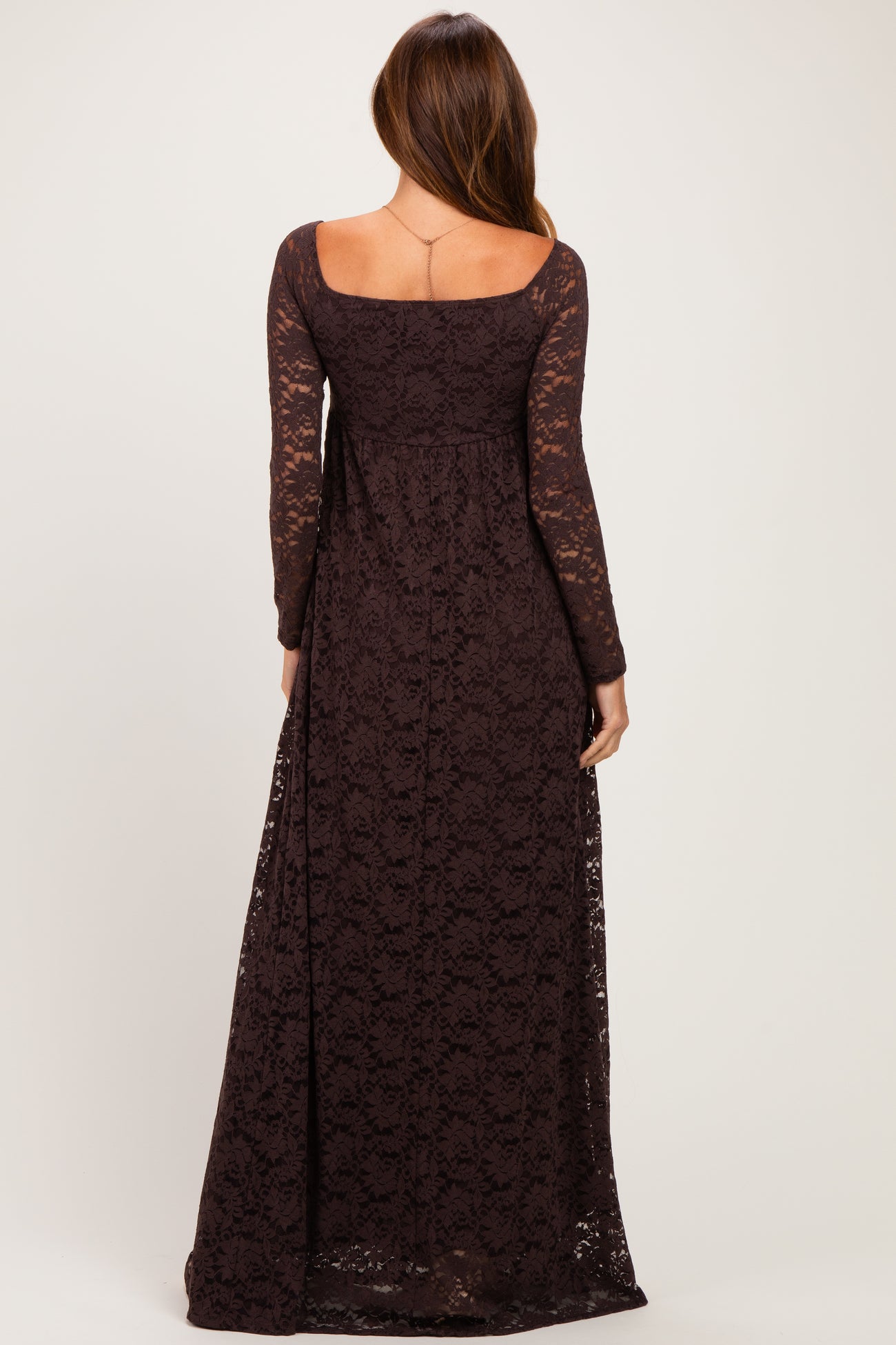 Brown Floral Lace Long Sleeve Off Shoulder Maxi Dress