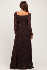 Brown Floral Lace Long Sleeve Off Shoulder Maxi Dress