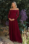 Burgundy Floral Lace Long Sleeve Off Shoulder Maternity Maxi Dress