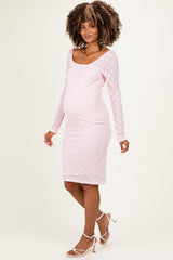 Light Pink Long Sleeve Fitted Lace Maternity Dress