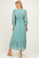 Blue Floral Lace 3/4 Ruffle Sleeve V-Neck Maternity Maxi Dress