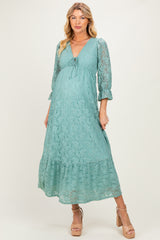 Blue Floral Lace 3/4 Ruffle Sleeve V-Neck Maternity Maxi Dress