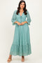 Blue Floral Lace 3/4 Ruffle Sleeve V-Neck Maxi Dress