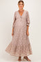Mocha Floral Lace 3/4 Ruffle Sleeve V-Neck Maternity Maxi Dress