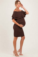Brown Off Shoulder Ruched Maternity Dress