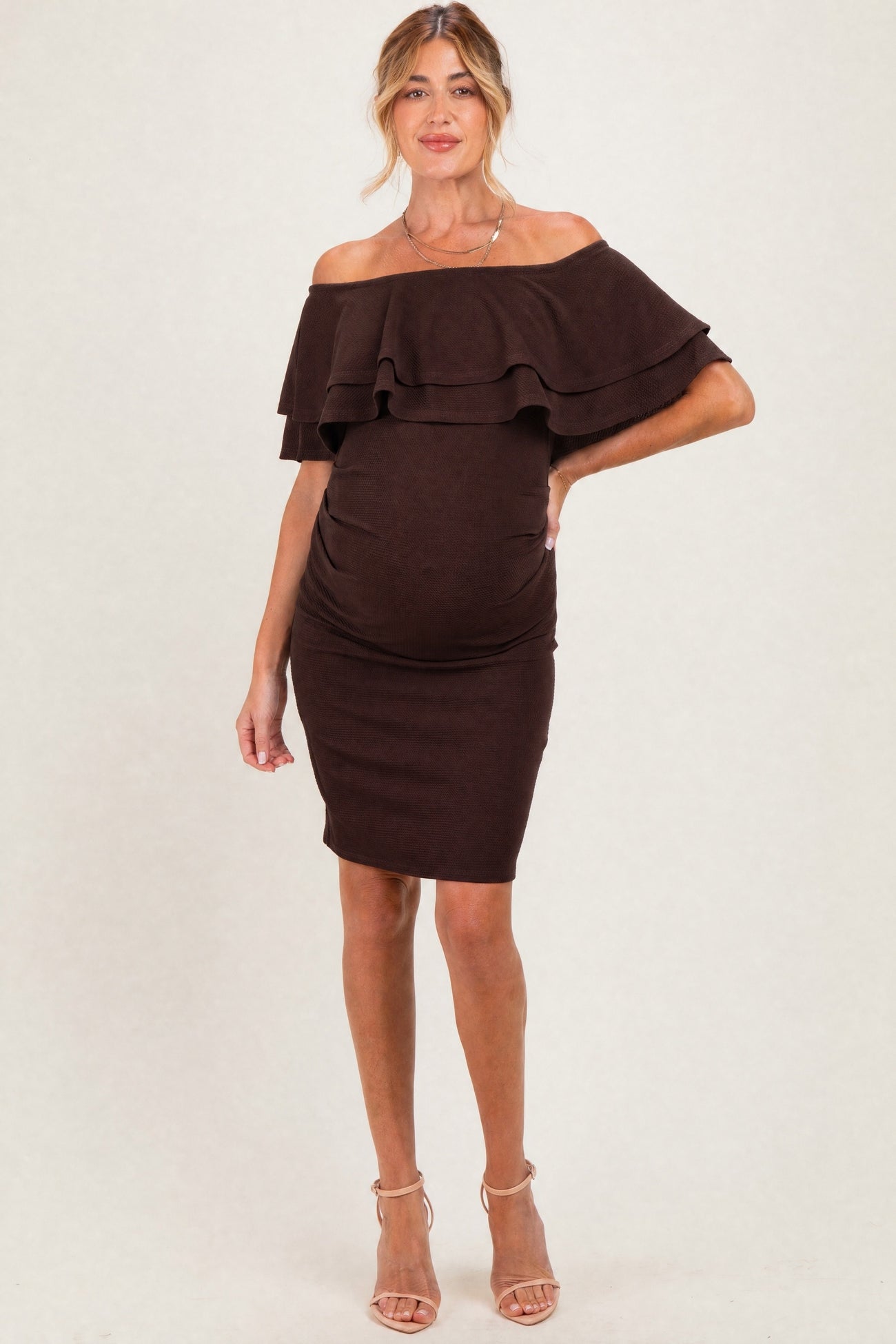 Brown Off Shoulder Ruched Maternity Dress