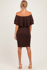 Brown Off Shoulder Ruched Maternity Dress