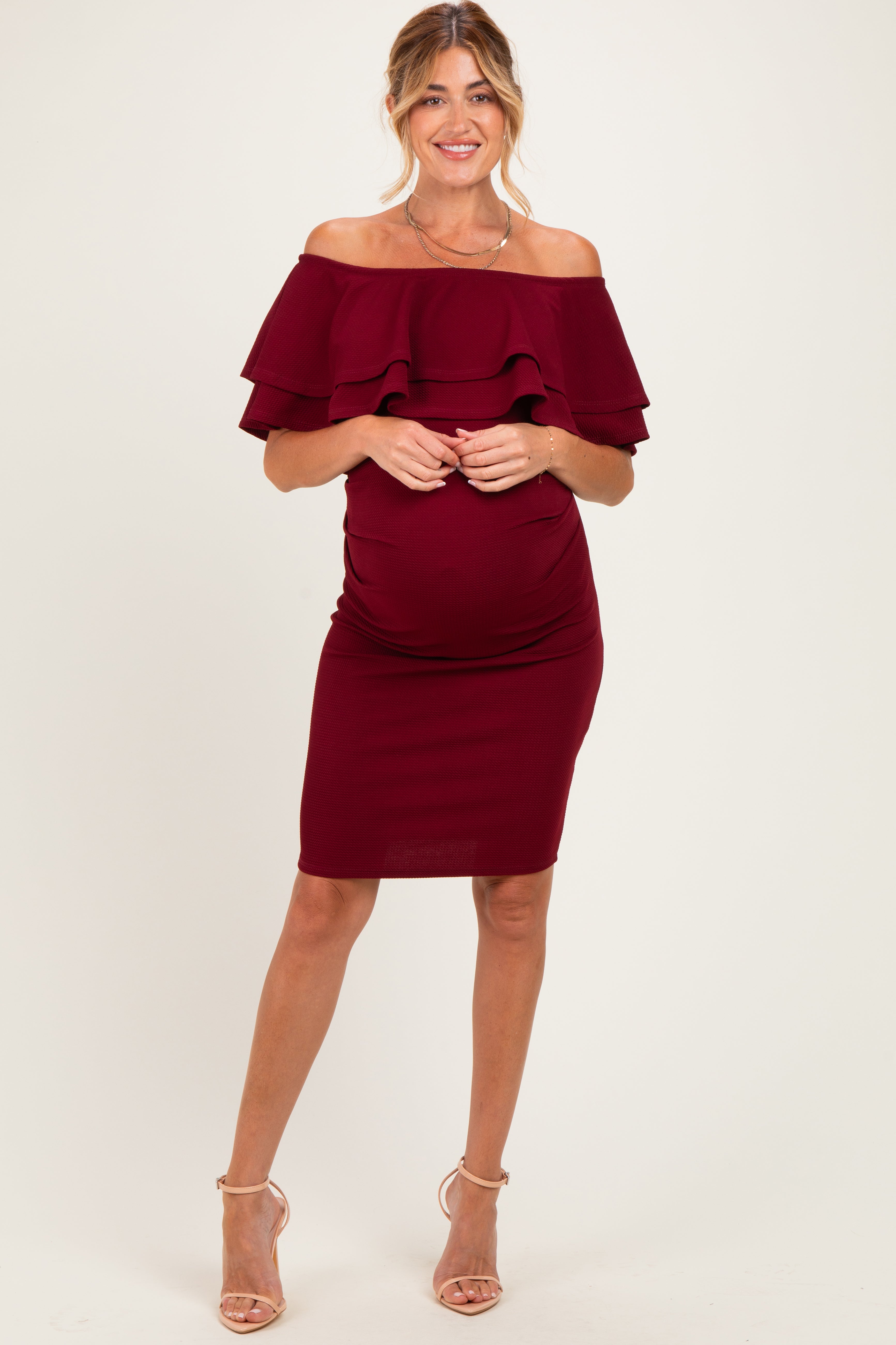 burgundy off the shoulder maternity dress Ruched Size:Custom Size(Leave a Note) Convocation Gown Graduation Dress Details Elevate your maternity long sleeved midi dress