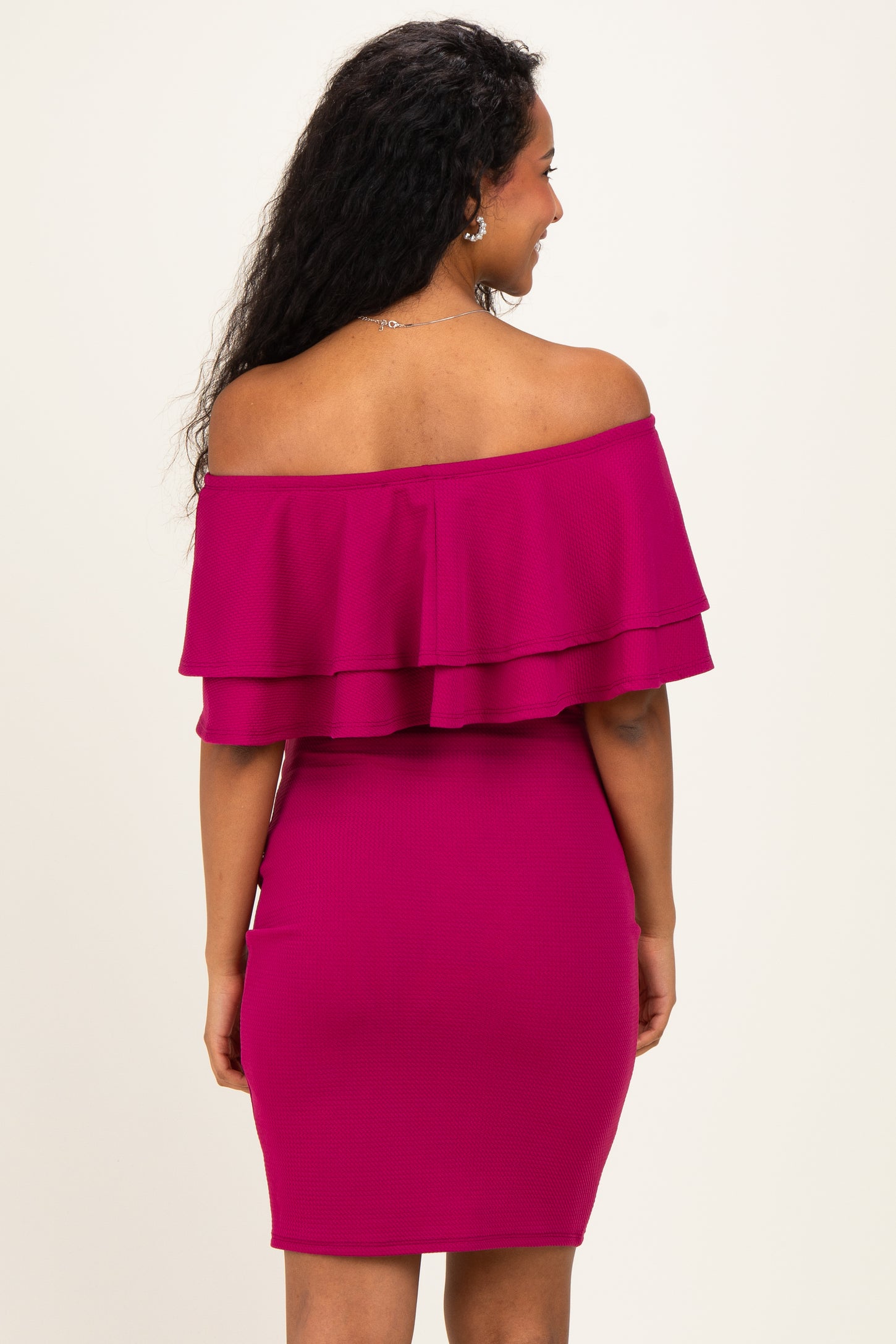 Magenta Off Shoulder Ruched Maternity Dress