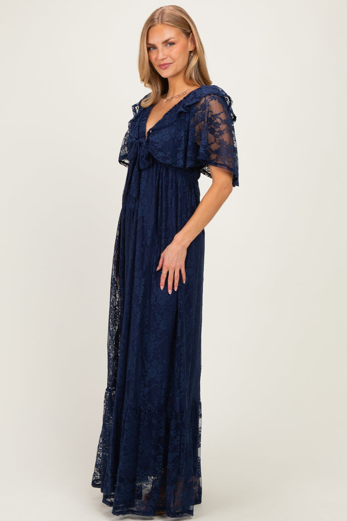 Navy Lace Flutter Sleeve Tiered Maxi Dress