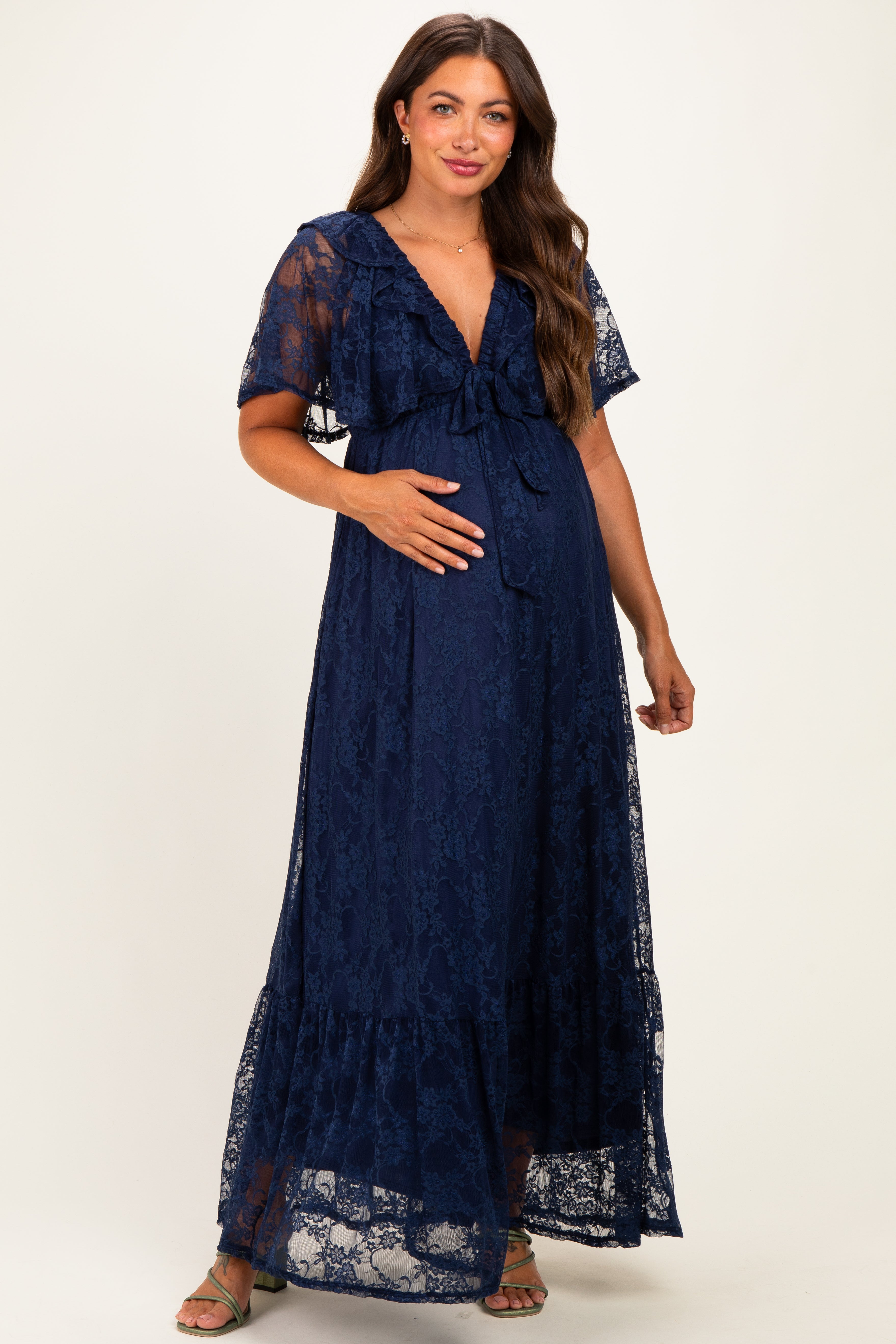navy blue lace dress plus size Flutter Sleeve Tiered Maternity Maxi – PinkBlush To you:S/36 Black Tie Dresses With Machine washable Bachelorette outfit